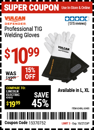 Harbor Freight Coupons, HF Coupons, 20% off - Vulcan Professional Tig Welding Gloves