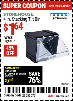 Harbor Freight Coupons, HF Coupons, 20% off - 4 in. Stacking Tilt Bin