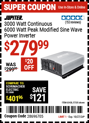 Harbor Freight Coupons, HF Coupons, 20% off - 3000 Watt Continuous/ 6000 Watt Peak Modified Sine Wave Power Converter