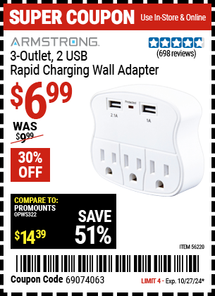 Harbor Freight Coupons, HF Coupons, 20% off - 3 Outlet 2 Usb Wall Adapter