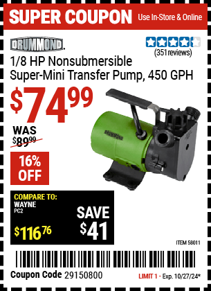 Harbor Freight Coupons, HF Coupons, 20% off - 1/8  HP Non-Submersible Super Mini Transfer Pump 450 GPH