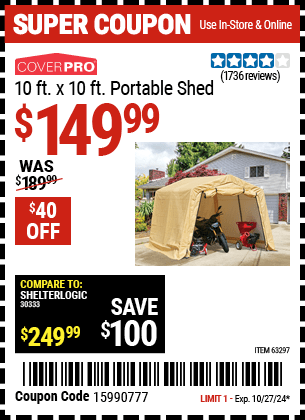 Harbor Freight Coupons, HF Coupons, 20% off - Coverpro 10 Ft. X 10 Ft. Portable Shed