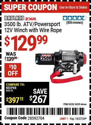 Harbor Freight Coupons, HF Coupons, 20% off - BADLAND ZXR 2500 LB. ATV/Utility Electric Winch with Wireless Remote Control