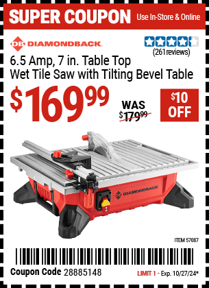 Harbor Freight Coupons, HF Coupons, 20% off - DIAMONDBACK 6.5 Amp 7 in. Table Top Wet Tile Saw with Tilting Bevel Table 