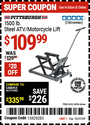 Harbor Freight Coupons, HF Coupons, 20% off - 1500 Lb. Capacity Atv/motorcycle Lift