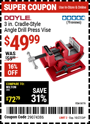 Harbor Freight Coupons, HF Coupons, 20% off - DOYLE 3 in. Cradle Style Angle Drill Press Vise for $49.99