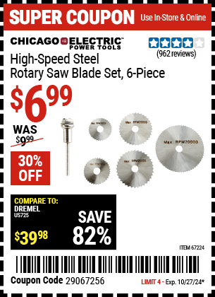 Harbor Freight Coupons, HF Coupons, 20% off - 6 Piece High Speed Rotary Saw Blade Set