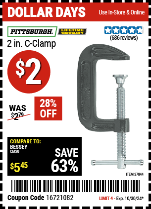 Harbor Freight Coupons, HF Coupons, 20% off - PITTSBURGH 2 in. Industrial C-Clamp for $2.29