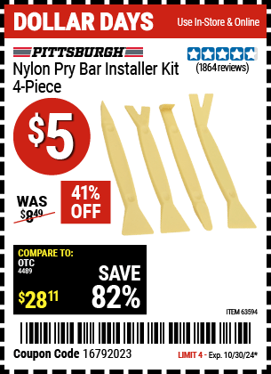 Harbor Freight Coupons, HF Coupons, 20% off - 4 Piece Nylon Pry Bar Installer Kit