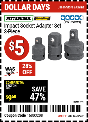 Harbor Freight Coupons, HF Coupons, 20% off - 3 Piece Impact Socket Adaptor Set