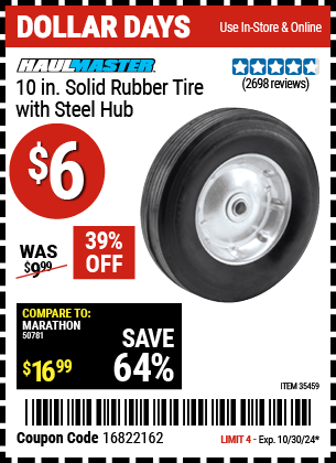 Harbor Freight Coupons, HF Coupons, 20% off - 10 in. Solid Rubber Tire with Steel Hub