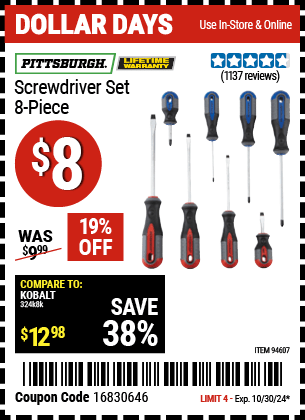 Harbor Freight Coupons, HF Coupons, 20% off - 8 Piece Professional Screwdriver Set