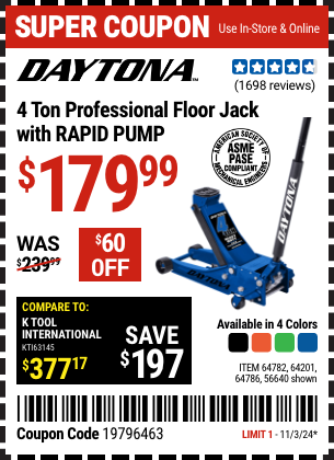 Harbor Freight Coupons, HF Coupons, 20% off - Daytona 4 Ton Heavy Duty Floor Jack