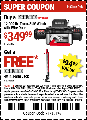 Harbor Freight Coupons, HF Coupons, 20% off - BADLAND ZXR 12 -000 lb. Truck/SUV Winch with Wire Rope 