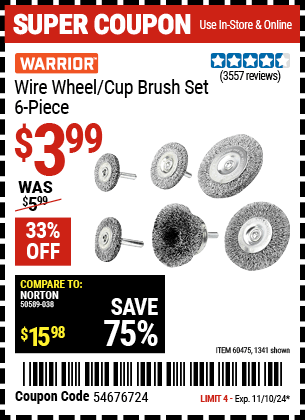 Harbor Freight Coupons, HF Coupons, 20% off - 6 Piece Wire Wheel And Cup Brush Set