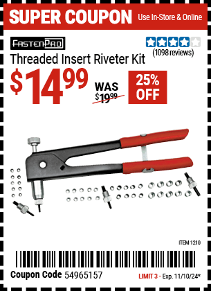 Harbor Freight Coupons, HF Coupons, 20% off - 45 Piece Threaded Insert Riveter Kit