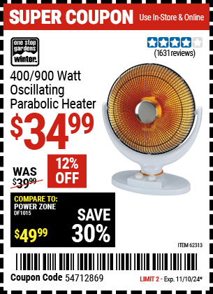 Harbor Freight Coupons, HF Coupons, 20% off - 400/900 Watt Oscillating Parabolic Heater