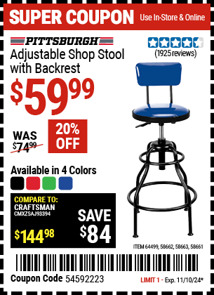 Harbor Freight Coupons, HF Coupons, 20% off - PITTSBURGH AUTOMOTIVE Adjustable Shop Stool with Backrest for $54.99