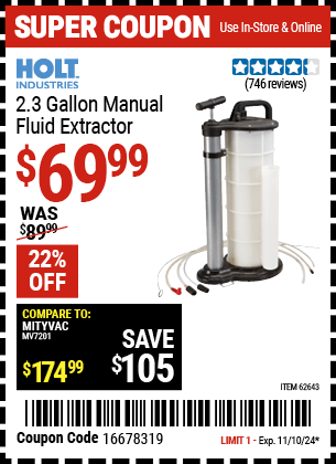 Harbor Freight Coupons, HF Coupons, 20% off - 2.3 Gal. Manual Fluid Extractor