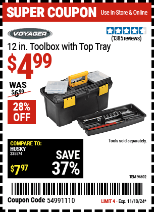 Harbor Freight Coupons, HF Coupons, 20% off - 12 in Toolbox With Top Tray Voyager