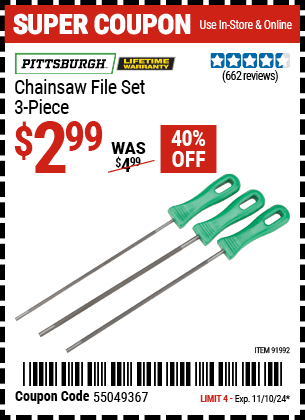 Harbor Freight Coupons, HF Coupons, 20% off - Chain Saw File Set, 3 Pc.