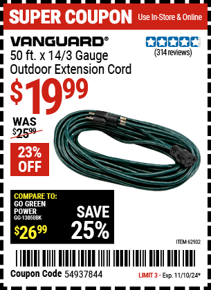 Harbor Freight Coupons, HF Coupons, 20% off - Vanguard 50 Ft. X 14 Gauge Outdoor Extension Cord