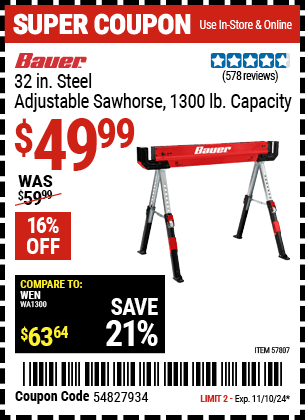 Harbor Freight Coupons, HF Coupons, 20% off - BAUER 1300 lb. Capacity Steel Sawhorse for $49.99