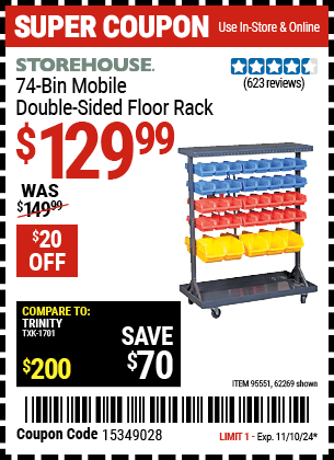 Harbor Freight Coupons, HF Coupons, 20% off - 74 Bin Mobile Double-sided Floor Rack