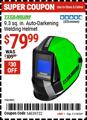 Harbor Freight Coupons, HF Coupons, 20% off - TITANIUM 9.3 sq. in. Auto Darkening Welding Helmet 