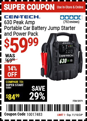 Harbor Freight Coupons, HF Coupons, 20% off - 630 Peak Amp Portable Jump Starter and Power Pack