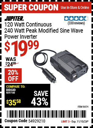 Harbor Freight Coupons, HF Coupons, 20% off - 120 Watt Continuous/240 Watt Peak Modified Sine Wave Power Inverter