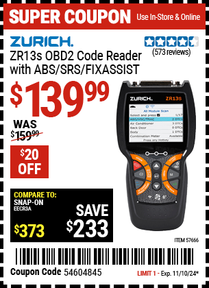 Harbor Freight Coupons, HF Coupons, 20% off - ZR13S OBD2 Code Reader with ABS/SRS/FixAssistxc2xae