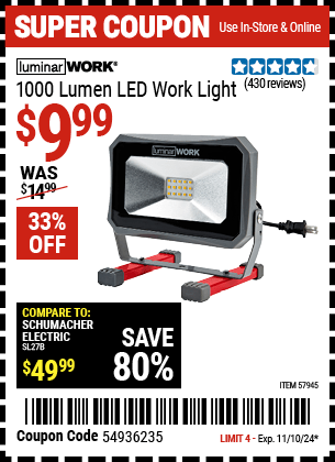 Harbor Freight Coupons, HF Coupons, 20% off - LUMINAR WORK 1000 Lumen LED Work Light for $9.99