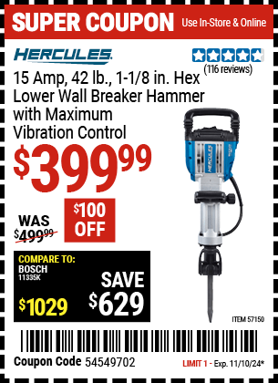 Harbor Freight Coupons, HF Coupons, 20% off - HERCULES 15 Amp, 42 lb., 1-1/8 in. Hex Lower Wall Breaker Hammer with Maximum Vibration Control for $399.99