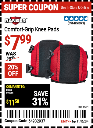 Harbor Freight Coupons, HF Coupons, 20% off - RANGER Comfort Grip Knee Pads for $8