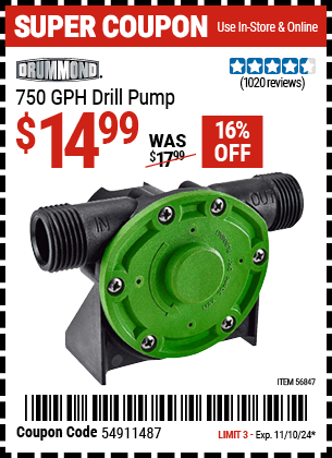 Harbor Freight Coupons, HF Coupons, 20% off - 750 GPH Drill Pump