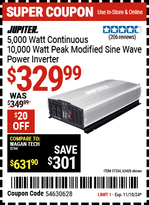 Harbor Freight Coupons, HF Coupons, 20% off - JUPITER 5000 Watt Continuous/10000 Watt Peak Modified Sine Wave Power Inverter for $359.99