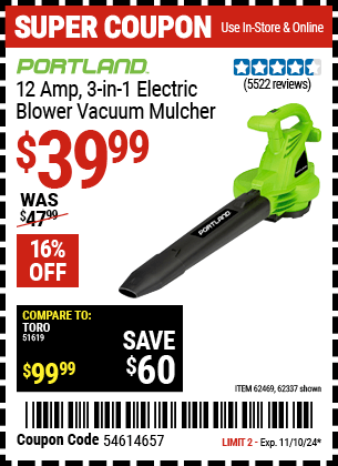 Harbor Freight Coupons, HF Coupons, 20% off - 3 In 1 Electric Blower Vacuum Mulcher