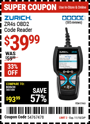 Harbor Freight Coupons, HF Coupons, 20% off - ZURICH ZR4s OBD2 Code Reader for $39.99