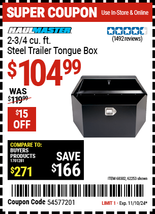 Harbor Freight Coupons, HF Coupons, 20% off - 2-3/4 Cubic Ft. Steel Trailer Tongue Box