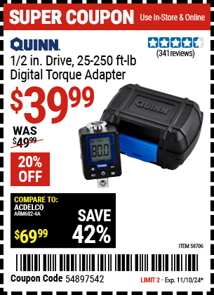 Harbor Freight Coupons, HF Coupons, 20% off - QUINN 1/2 in. Drive Digital Torque Adapter for $39.99