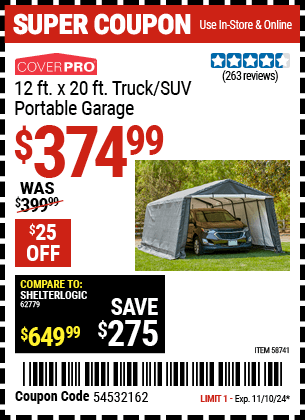 Harbor Freight Coupons, HF Coupons, 20% off - COVERPRO 12 ft. x 20 ft. Truck/SUV Portable Garage 