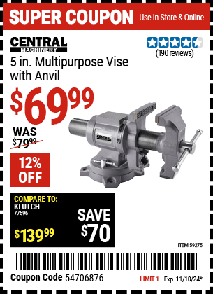 Harbor Freight Coupons, HF Coupons, 20% off - CENTRAL MACHINERY 5 in. Multi-Purpose Vise with Anvil for $64.99