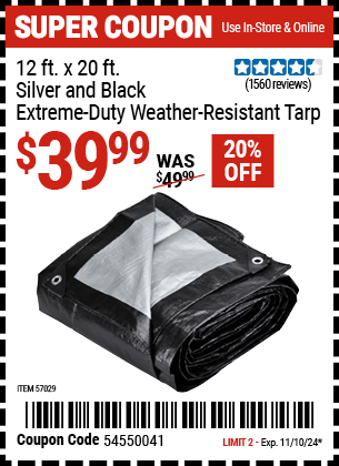 Harbor Freight Coupons, HF Coupons, 20% off - 12 ft. x 20 ft. Silver & Black Extreme Duty Weather Resistant Tarp