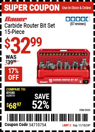 Harbor Freight Coupons, HF Coupons, 20% off - BAUER Carbide Router Bit Set 