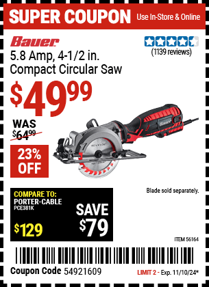 Harbor Freight Coupons, HF Coupons, 20% off - 4-1/2 In. 5.8 Amp Compact Circular Saw