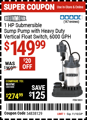 Harbor Freight Coupons, HF Coupons, 20% off - DRUMMOND 1 HP Submersible Sump Pump With Heavy Duty Vertical Float Switch for $149.99