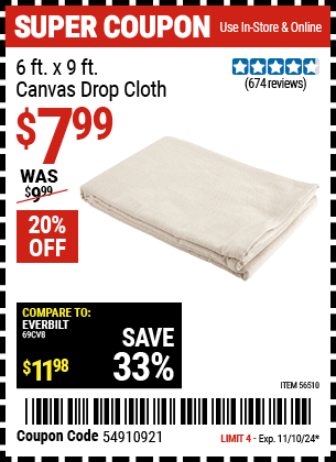 Harbor Freight Coupons, HF Coupons, 20% off - 6 x 9  Canvas Drop Cloth