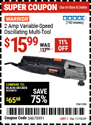 Harbor Freight Coupons, HF Coupons, 20% off - WARRIOR 2 Amp Variable Speed Oscillating Multi-Tool 