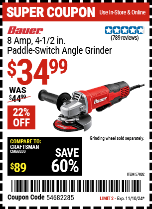 Harbor Freight Coupons, HF Coupons, 20% off - 8 Amp 4-1/2 in. Paddle Switch Angle Grinder